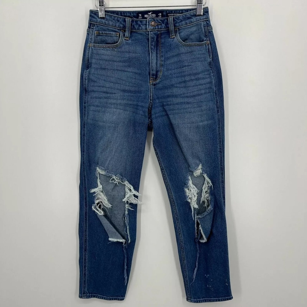 Hollister Ultra High-Rise Mom Jeans Distressed Medium Wash 7R W28 L27 Denim